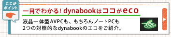 一目でわかる!dynabookはココがeco 液晶一体型AVPCも、もちろんノートPCも
2つの対照的なdynabookのエコをご紹介。