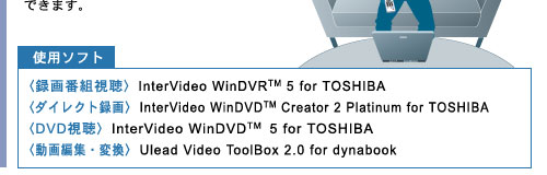 gp\tgFq^ԑgrInterVideo WinDVR(TM) 5 for TOSHIBA q_CNg^rInterVideo WinDVD(TM) Creator 2 Platinum for TOSHIBA qDVDrInterVideo WinDVD(TM) 5 for TOSHIBAqҏWEϊrUlead Video ToolBox 2.0 for dynabook