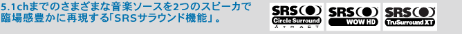 5.1chまでのさまざまな音楽ソースを2つのスピーカで臨場感豊かに再現する「SRSサラウンド機能」。