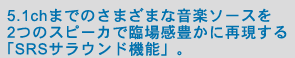 5.1chまでのさまざまな音楽ソースを2つのスピーカで臨場感豊かに再現する「SRSサラウンド機能」。